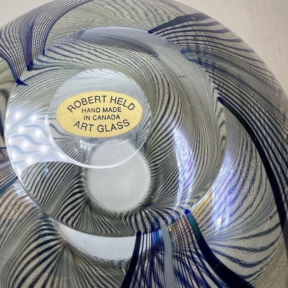Vtg Robert Held Clear Iridescent Pulled Feather Blue White Round Vase 7” Signed - Picture 6 of 8